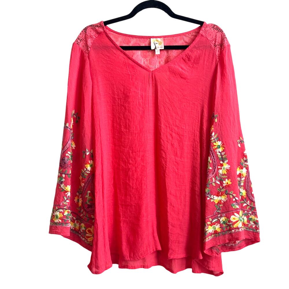 fig and flower Coral Pink Embroidered Bell Sleeve Blouse